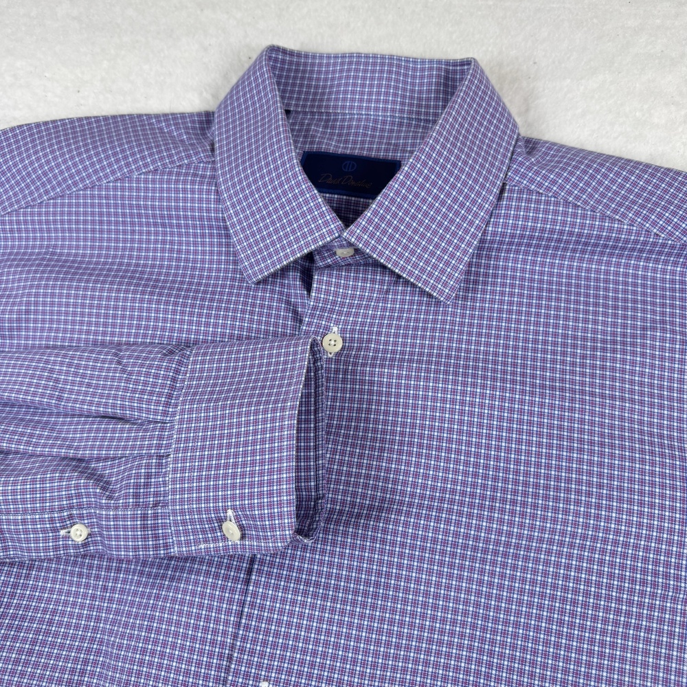 David Donahue Dress Shirt Mens Size 17.5 Purple Check Cotton Classic Fit 34/35